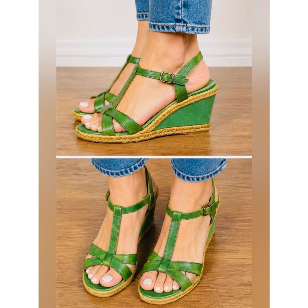 Marina Luna Vintage Green Leather T-Strap Espadrille
